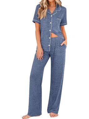 Women's Navy Short Sleeve Long Pant Sleepwear 2 Piece Pajama Set